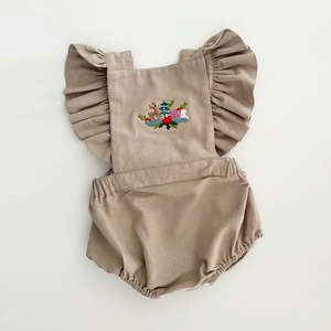 Dukes The Brand Sand Embroidered Ruffle Overalls
