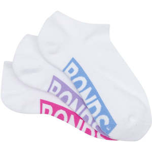 Bonds Womens Logo Cushioned Low Cut Socks 3 Pack - White/Blue/Pink/Purple