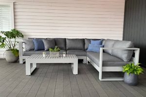 Aluminium Lounge Suites: END-OF-LINE 'Bask Corner Outdoor Modular Sofa & Coffee Table (grey frame) 1 LEFT - Outside Space