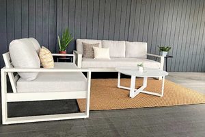 Aluminium Lounge Suites: Unwind Outdoor suite: 3-seater, 2-seater & Stella round coffee table ( Bone frame) - Outside Space