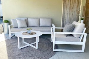 Sunbrella Outdoor Lounge Suites: Unwind Outdoor suite: 3-seater sofa, single chair,& Stella round coffee table (white frame) - Outside Space