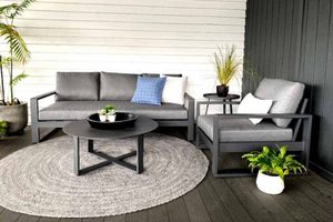 Sunbrella Outdoor Lounge Suites: Unwind Range: 3-seater sofa, single chair,& Stella round coffee table ( charcoal frame) - Outside Space