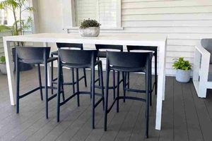 Bar Table sets: Dinner at Ours Range: White 2M Outdoor Bar Table & 6 Vondom Bar Chairs (3 chair colours) - Outside Space