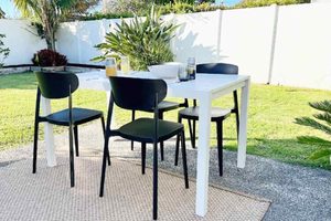 Dining Sets: Dinner at Ours Range: White 1.4 M Outdoor Table, Bench & 2 Amado Dining Chairs (3 chair colours) - Outside Space