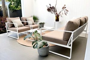 Aluminium Lounge Suites: Happy Hour 4-piece Outdoor Lounge Set: 3-Seater, 2 x Single Chairs, Coffee Table (white frame) - Outside Space
