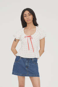Huffer: Huffer Bardot Celine Top - Chalk/Red
