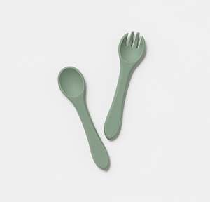Silicone Bibs: Silicone Fork and Spoon Set in Soft Moss