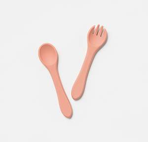 Silicone Bibs: Silicone Fork and Spoon Set in Dixie Pink