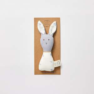 New: Organic Muslin Bunny Rattle Enchanted Garden + Frost Blue