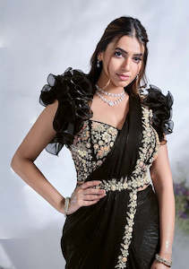 Saree: Black Embroidered Designer Ready-to-Wear Saree with Ruffled Sleeves Blouse