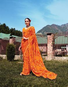 Digitally Printed Georgette Saree in Bright Orange