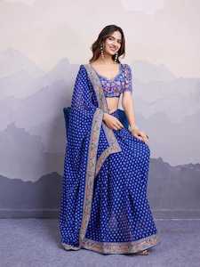 Saree: Royal Blue Georgette Printed Saree with Embroidered Border