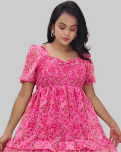 Dress: Pink Floral Smocked Maxi Dress with Puff Sleeves