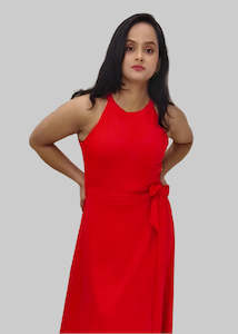 Dress: Sleeveless Fit & Flare Knee-Length Dress – High-Low Design, Party Wear