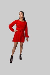 Dress: Crepe A-Line Mini Dress with Belted Knot & Bishop Sleeves