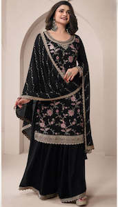 Suits Salwaar: Black Embroidered Party Wear Sharara Suit Set