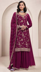 Suits Salwaar: Maroon Embroidered Party Wear Sharara Suit Set