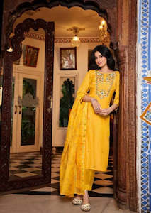 Suits Salwaar: Sunflower Yellow Exclusive Plus Size Designer Embroidered Suit Sets