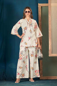 Co Ord Sets: Pink Floral Print Embroidered Pure Cotton Top With Palazzos Co-Ord Set