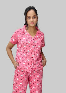 Cotton Floral Top & Pyjama Set – Button-Down Collar, Short Sleeves