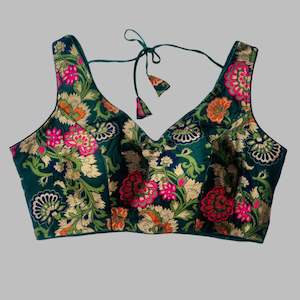 Blouses And Petticoats: Exquisite Floral Sleeveless Choli – Deep Green