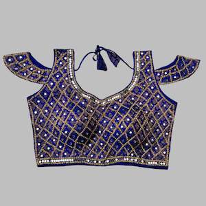 Royal Blue Embellished Cold Shoulder Blouse – Traditional Elegance ✨