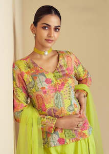 Lime Green Jacket Style Palazzo Suit Set - Graceful Indo-Western Look