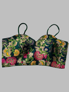 Saree Blouses: Elegant Floral Noodle Strap Blouse – Dark Green with Vibrant Detailing