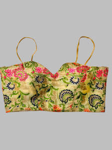 Elegant Gold Floral Bustier Crop Top Style Blouse– Floral Festive Wear ✨