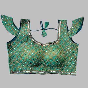 Green Silk Choli Blouse with Gold and Mirror Embellishments