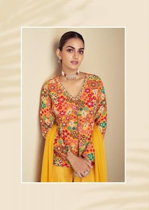 Kurti Palazzos: Mustard Yellow Jacket Style Palazzo Suit Set - Graceful Indo-Western Look