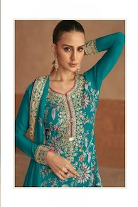 Kurti Palazzos: Turquoise thread Embroidered Kurta Palazzo Set
