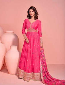 Anarkali Suit: Elegant Pink Anarkali Dress with Gold Embroidery with light can-can