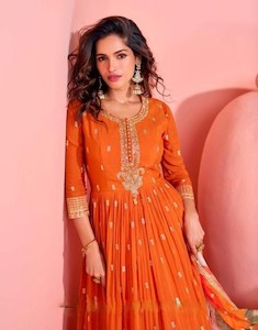 Anarkali Suit: Vibrant Orange Embroidered Anarkali Dress with light can-can