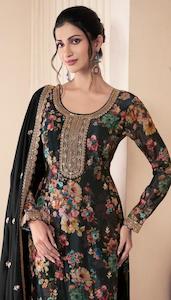 Designer Suits: Midnight Black Floral Chinon Exclusive Plus Size Designer Embroidered Suit Sets!