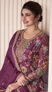 Plum Purple Floral Chinon Exclusive Plus Size Designer Embroidered Suit Sets!