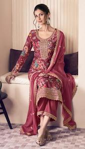 Designer Suits: Crimson Wine Floral Chinon Exclusive Plus Size Designer Embroidered Suit Sets!