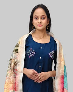 Navy Blue Embroidered Suit Salwar with Vibrant Floral Dupatta