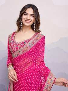 Georgette Collection: Pink Georgette Printed Saree with Embroidered Border – Grace Meets Glamour