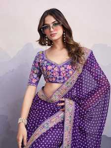Purple Georgette Printed Saree with Embroidered Border – Grace Meets Glamour