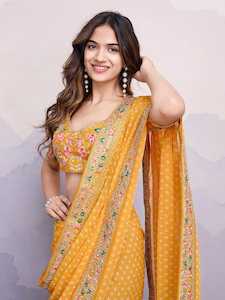 Georgette Collection: Yellow Georgette Printed Saree with Embroidered Border – Grace Meets Glamour