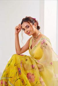 Sunshine Yellow Floral Whisper Organza Silk Sarees – A Symphony of Elegance and Color