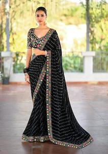 Saree: Premium Georgette Embroidered Black Saree - Festive glamour✨
