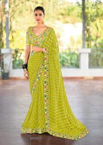 Premium Georgette Embroidered Lime Green Saree - Festive glamour✨