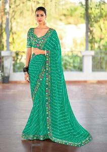Premium Georgette Embroidered Teal Green Saree - Festive glamour✨