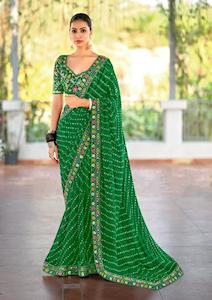 Premium Georgette Embroidered Green Saree - Festive glamour✨