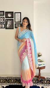 Aqua Blue Ombre Georgette Saree with Sequin Embroidery
