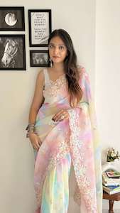 Pastel Rainbow Ombre Georgette Saree with Sequin Embroidery