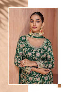 Emerald Green Designer Chinon Kurti with Palazzo & Dupatta – Festive & Wedding Wear Set