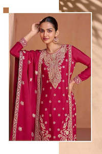 Suits Salwaar: Royal Pink Designer Chinon Kurti with Palazzo & Dupatta – Festive & Wedding Wear Set